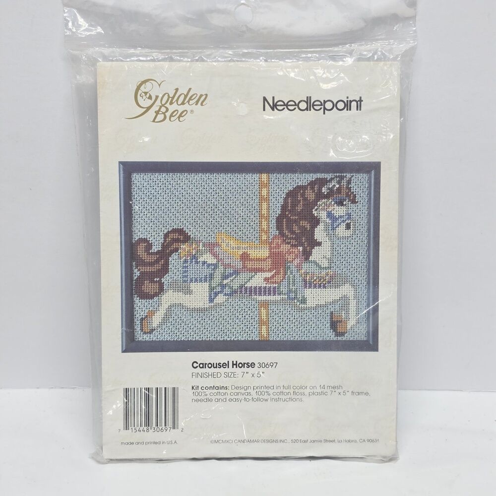 VTG Carousel Horse Golden Bee Needlepoint Printed Canvas with Frame Kit #30697